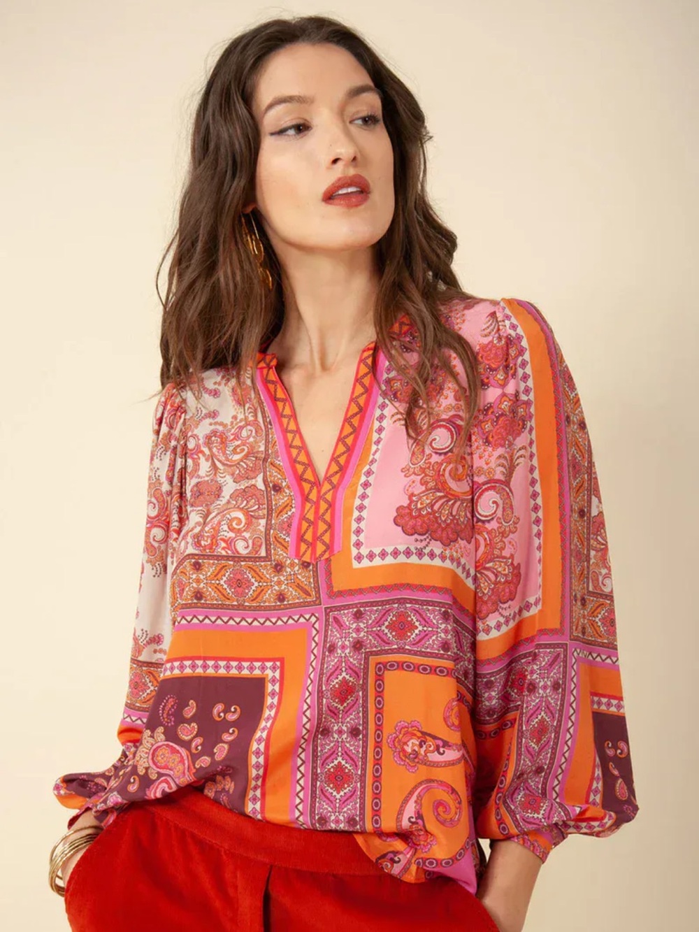 Hale Bob Pink and Mustard Paisley Patchwork V-Neck Blouse